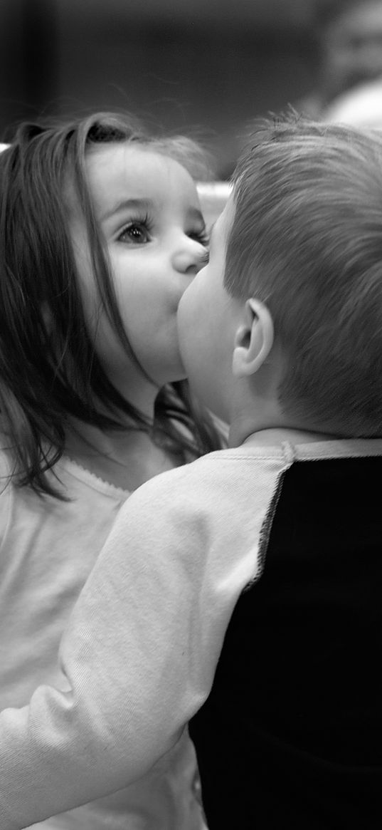 mood, children, girl, boy, kiss, black and white