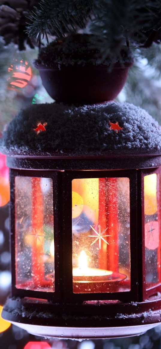 candle, torch, branch, snow, winter, snowflakes, christmas tree