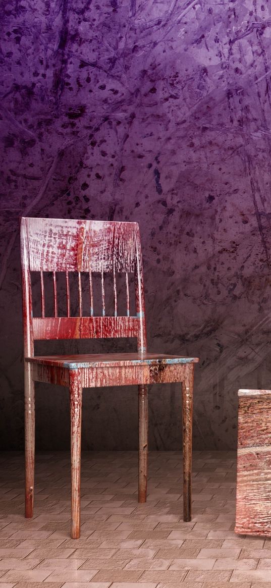 chairs, three, tile, purple background, old, abstract