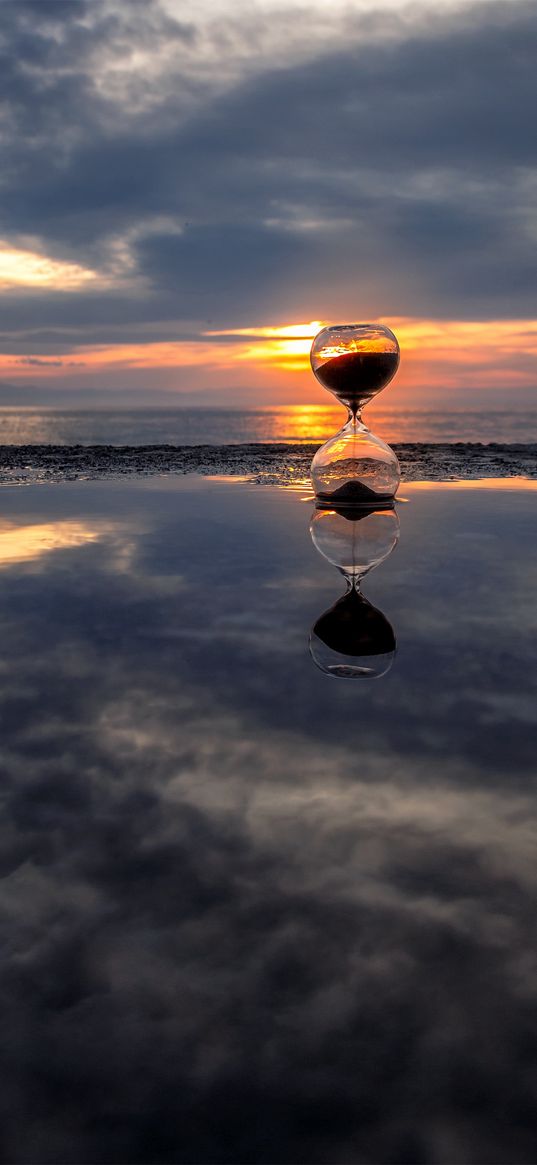 water, reflection, sky, clouds, sunset, hourglass