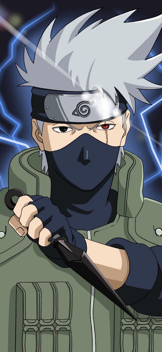 kakashi hatake, naruto, anime, character, sharingan, lightning, weapon, art