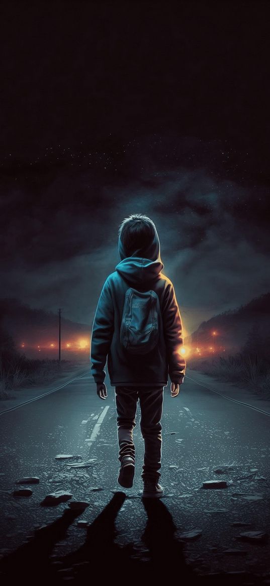 boy, child, road, distance, darkness, lights, path, art