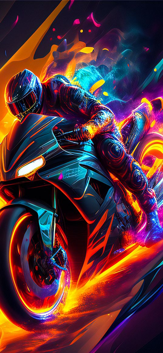 motorcyclist, motorcycle, helmet, paint, art, speed