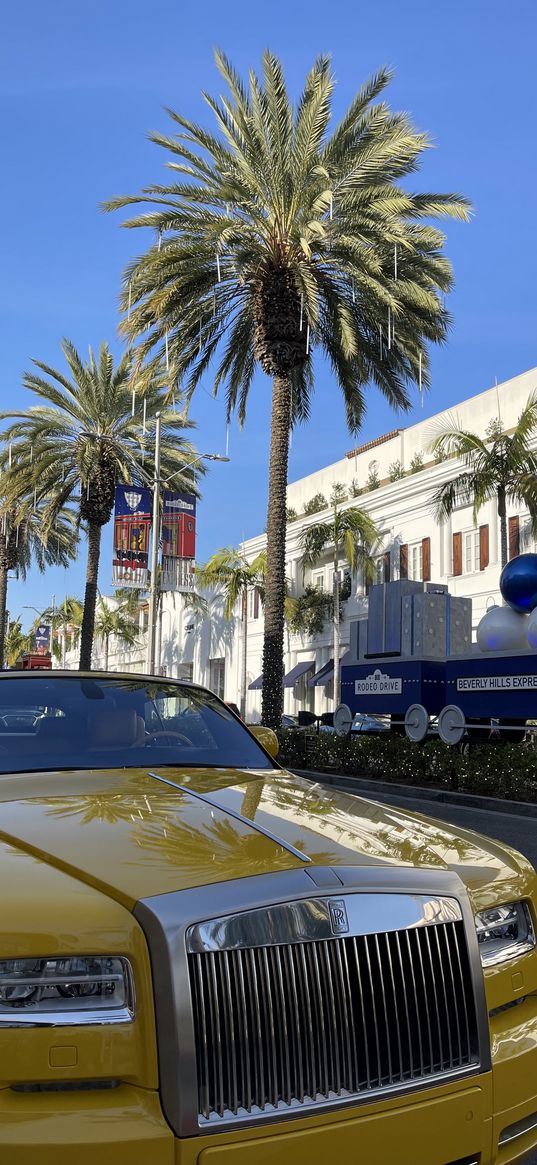 beverly hills, rolce royce, palms, car, yellow