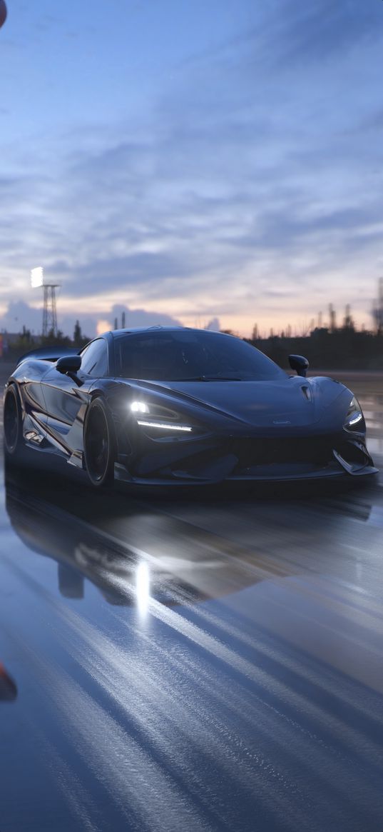 car, mclaren, road, speed, blue, reflection