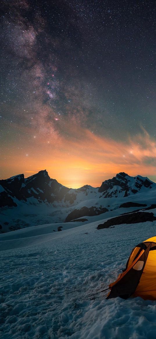 tent, hiking, hill, mountains, snow, winter, sunset, milky way, starry sky, stars, evening, nature