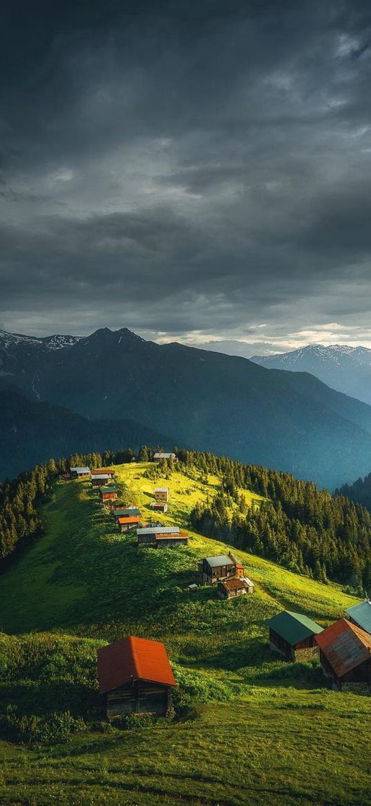 houses, village, hills, trees, forest, mountains, clouds, sky, landscape, nature