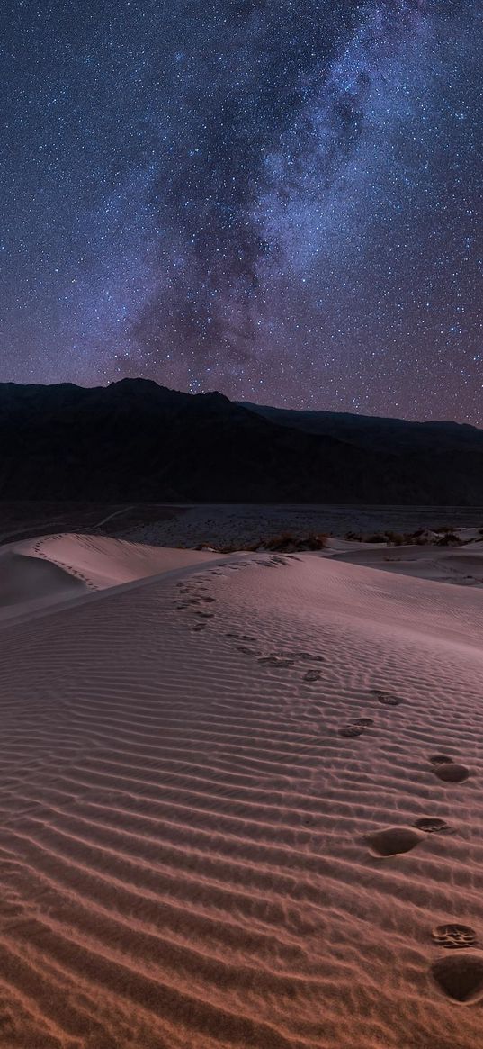 footprints, sand, dunes, desert, mountains, darkness, milky way, starry sky, stars, night, nature