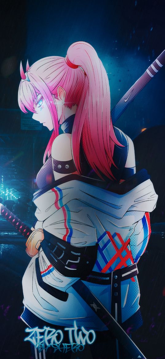 zero two, darling in the franxx, anime, girl, pink hair, katana, street, rain, lights, night, art