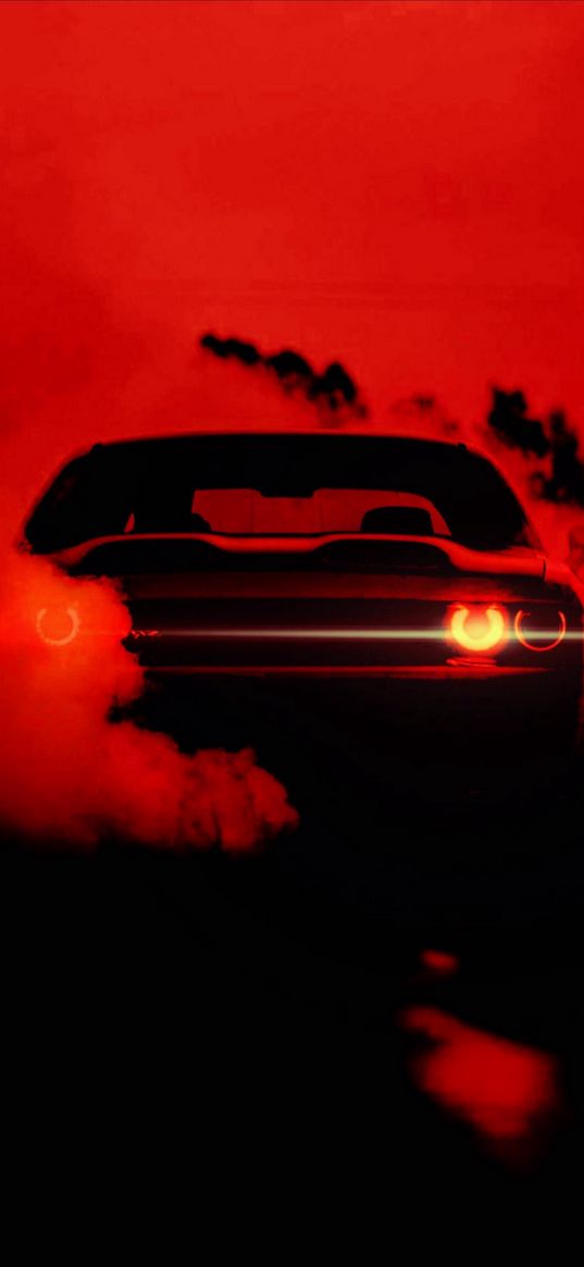 dodge challenger, dodge, car, smoke, black, red