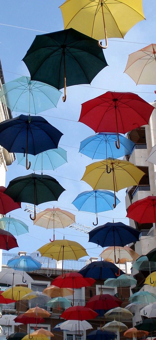 city, umbrellas, colorful, sky, flying