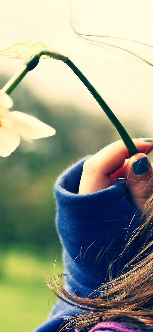 girl, flower, hand, fingers, child