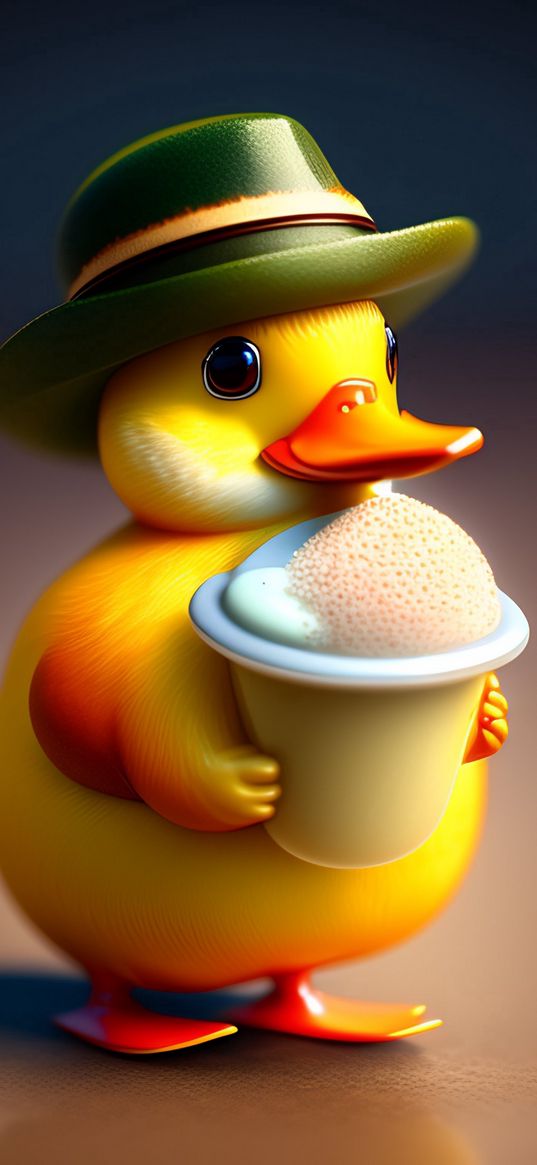 duckling, hat, chick, yellow, green, cute, 3d, art