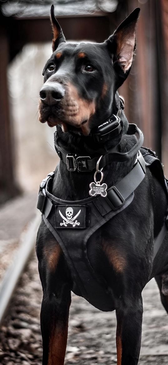 doberman, dog, railway, bridge, pet, animal