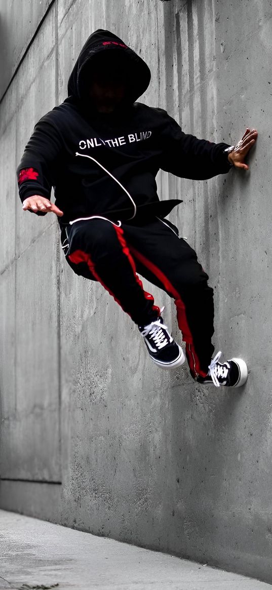 guy, anonymous, hoodie, parkour, trick, jump, wall, building, street