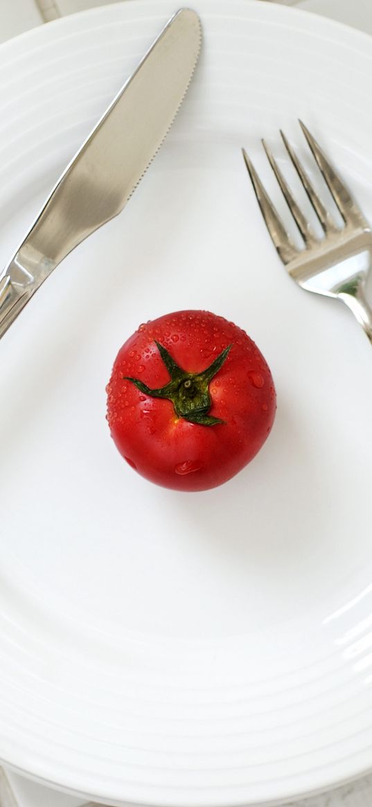 tomato, drops, plate, knife, fork, minimalism