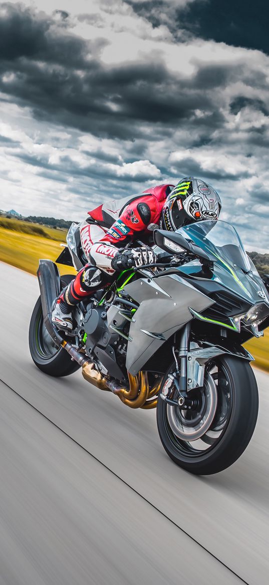 motorcycle, bike, biker, speed, road, field, clouds, sky, nature