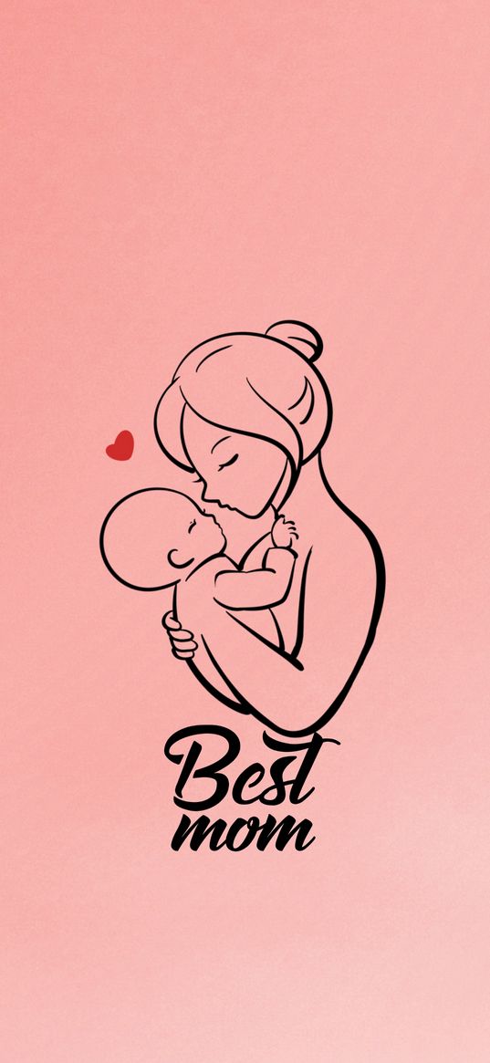 mom, baby, heart, care, love, inscription, best mom, pink background, art