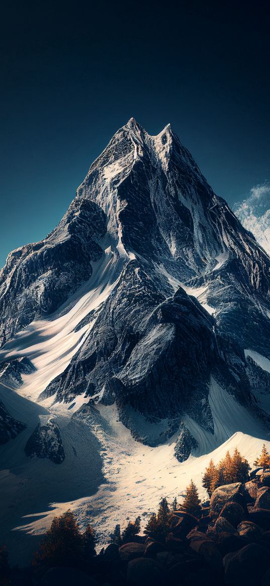 mountain, nature, dark, winter, grey, snow, trees