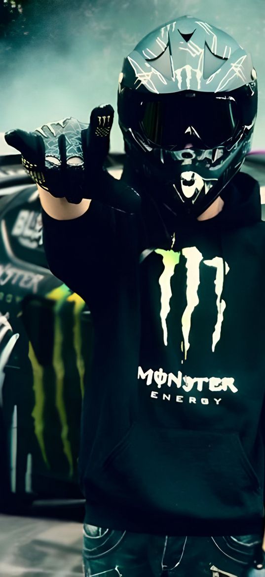 monster energy, racer, helmet, car