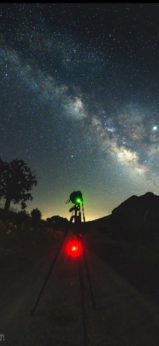 road, telescope, hills, trees, sunset, milky way, starry sky, stars, night, landscape