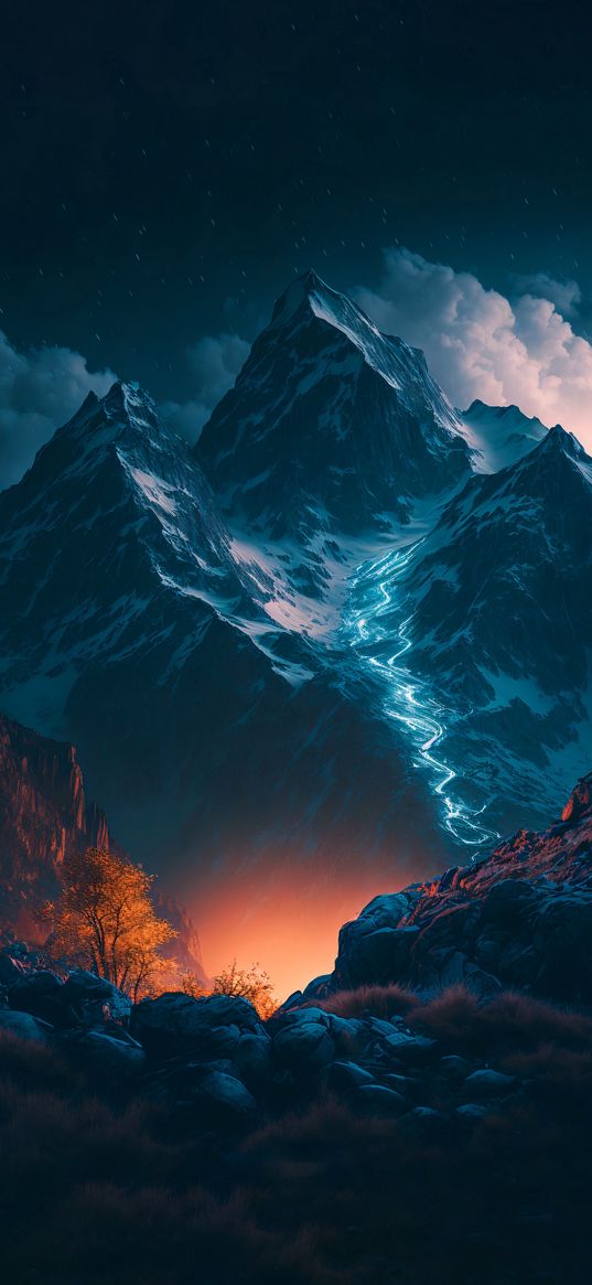 rocks, mountains, snow, clouds, stars, night