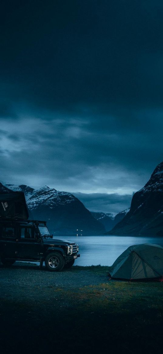 car, lake, mountain, hills, camping, snow, clouds, winter, night, landscape