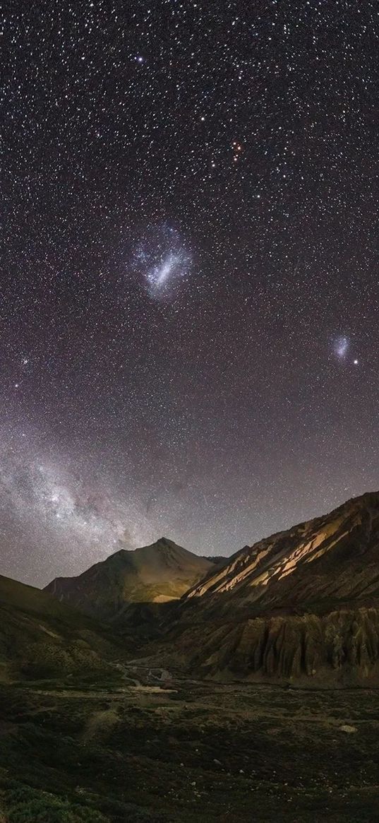 valley, mountain, hillside, hills, milky way, magellanic cloud, starry sky, landscape