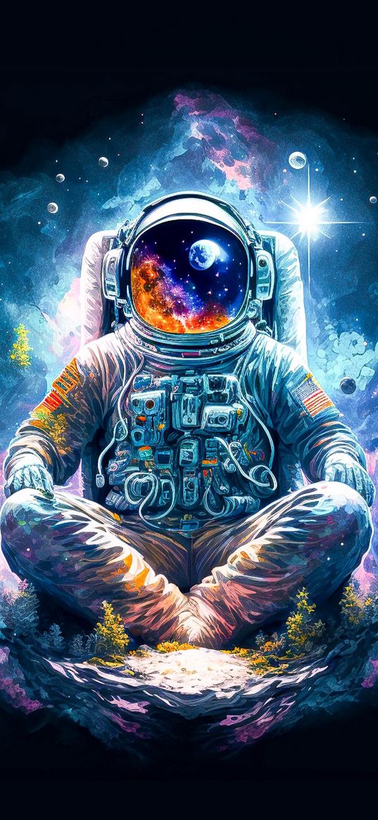 cosmonaut, astronaut, lotus pose, cosmos, art