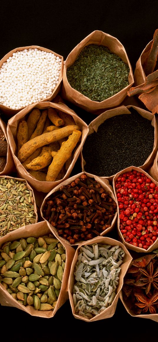 spices, seasonings, additives, bags, black background