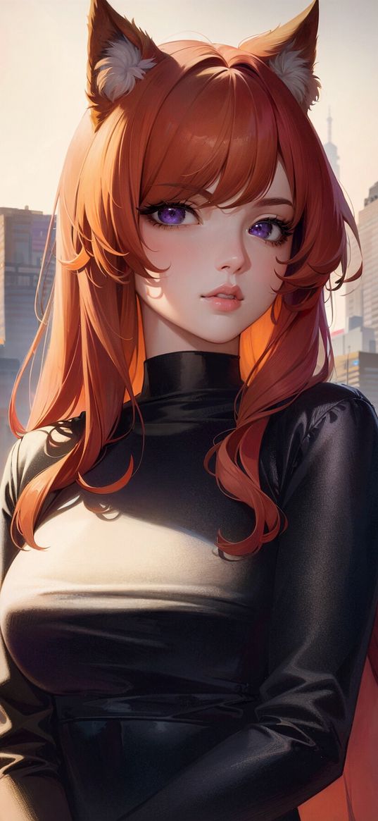 girl, anime, art, ears, turtleneck, city