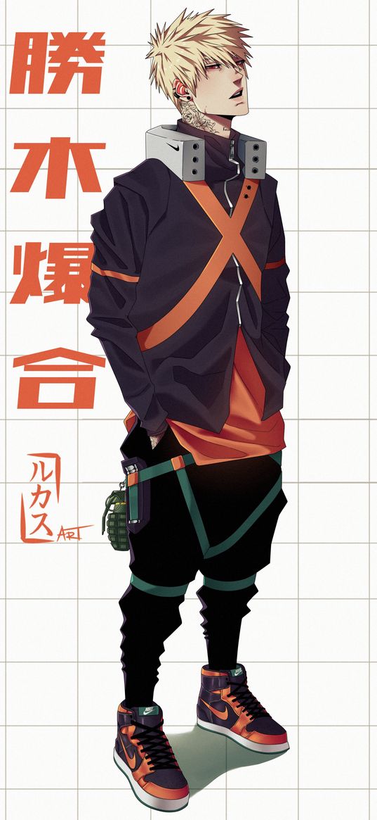 bakugo, my hero academia, anime, character, sports style, hieroglyphs, art