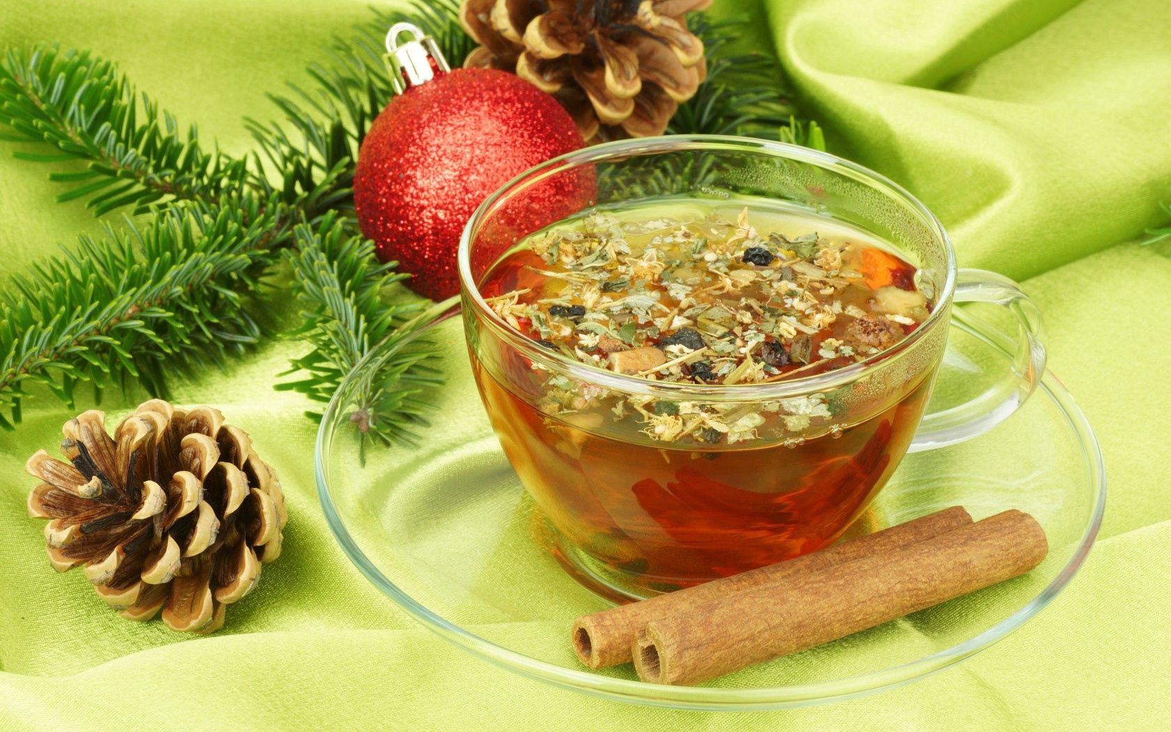 tea, cinnamon, cup, cone, branch, fir, ball, christmas, new year