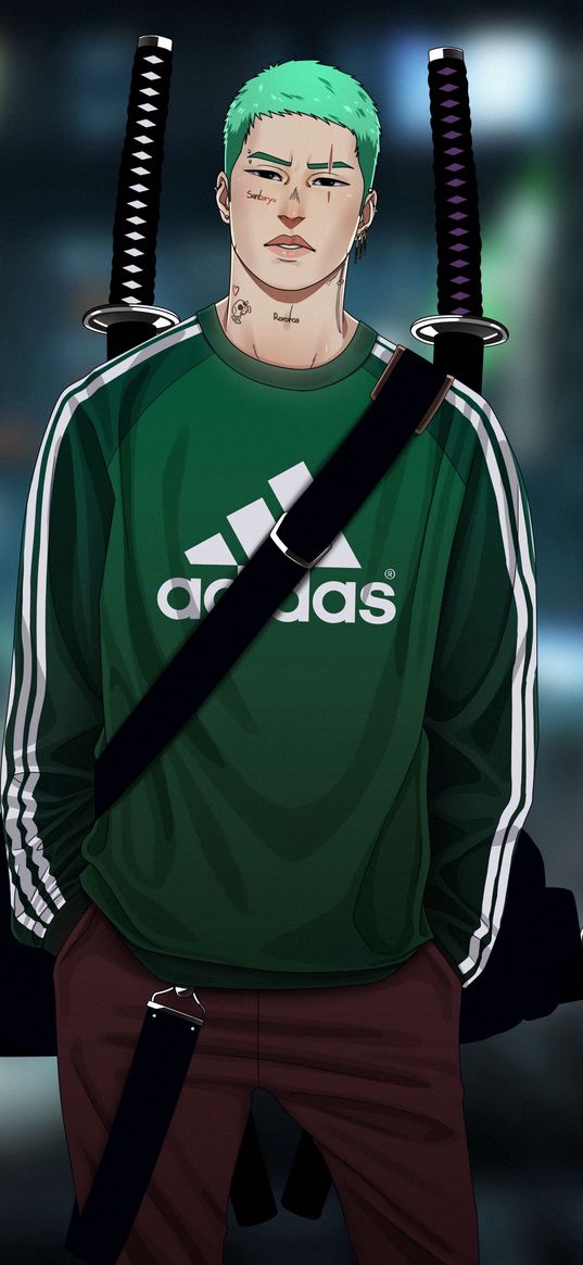 zoro, adidas, tattoo, katana, anime boys, guy, fanart