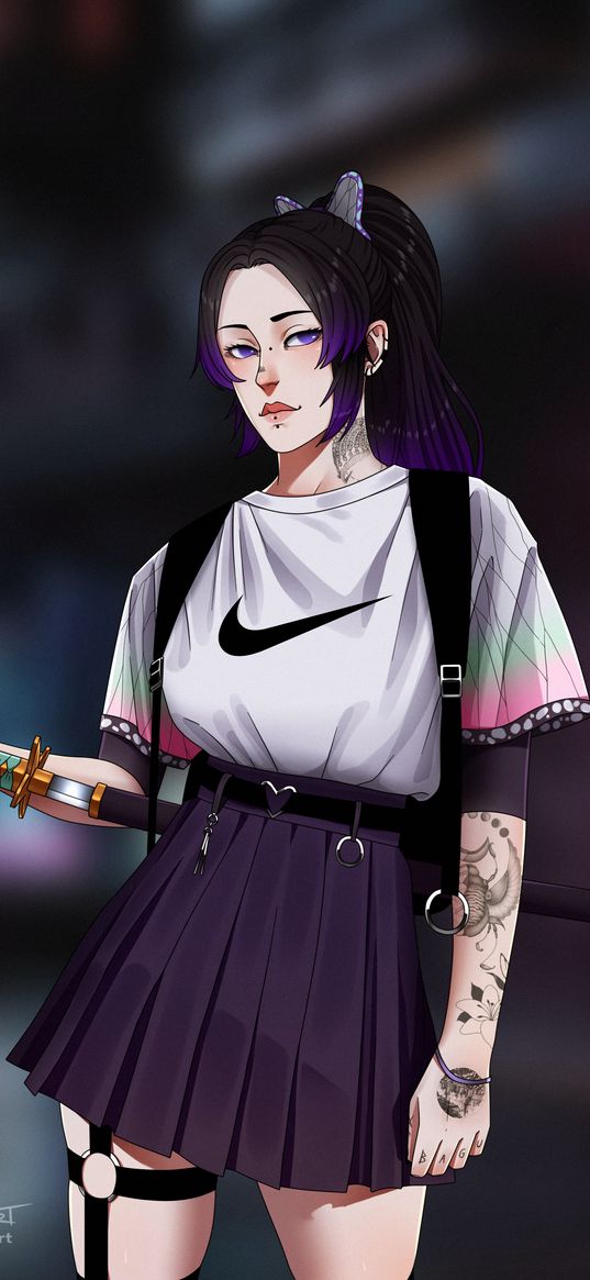 shinobu kochou, anime girls, anime, demon slayer, nike, katana, purple eyes, tattoo, fanart