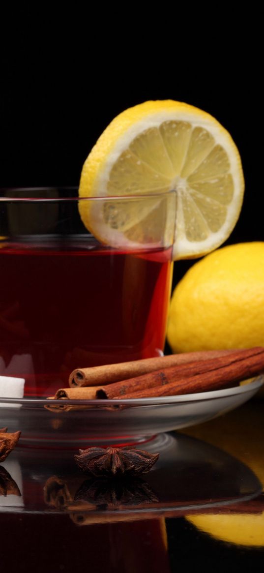 tea, cup, cinnamon, lemon, black background, sugar