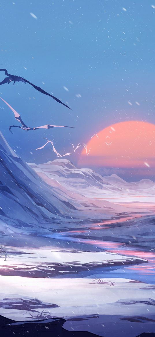 dragons, river, mountains, snow, winter, sun, sunset, landscape, fantasy, nature, art