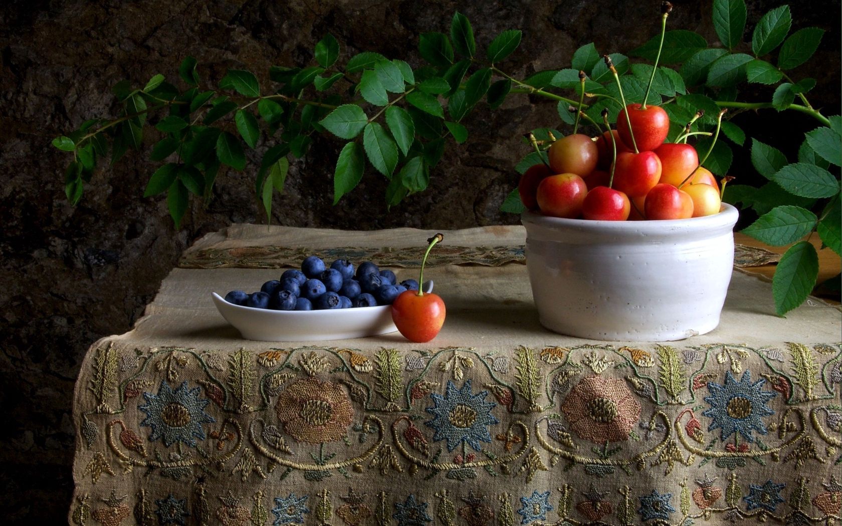 cherries, blueberries, berries, still life, table, tablecloth, branch