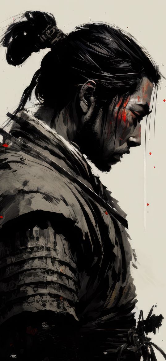 jin sakai, ghost of tsushima, game, character, samurai, warrior, man, splashes, black and white, art