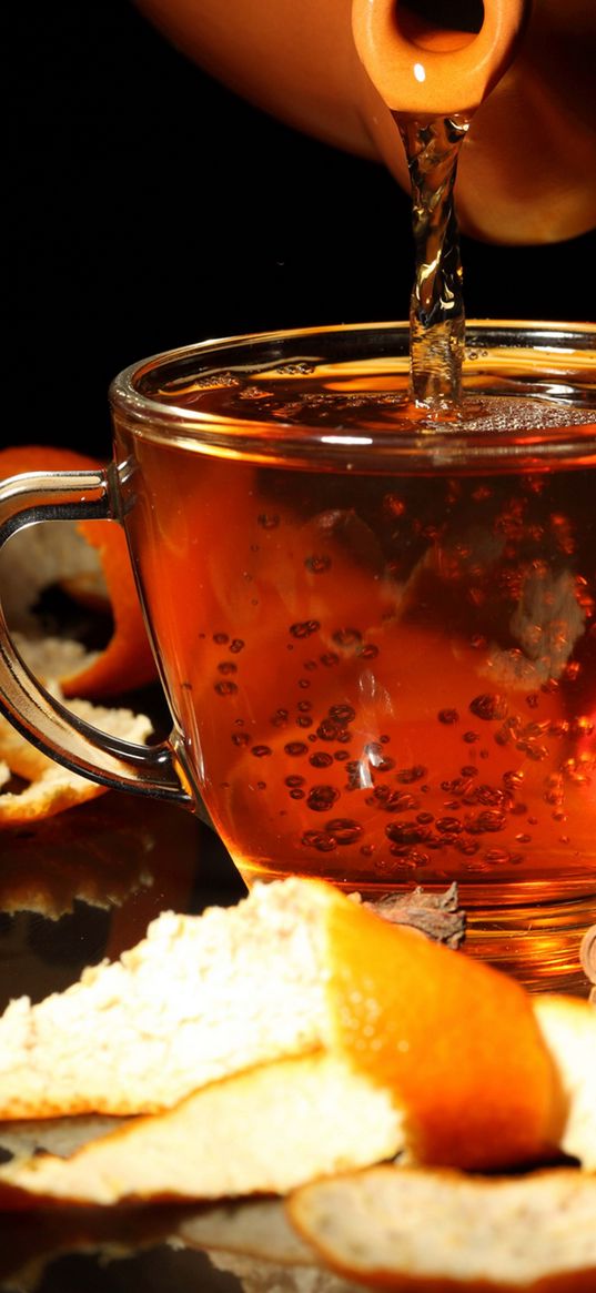 black background, tea, tea leaves, orange