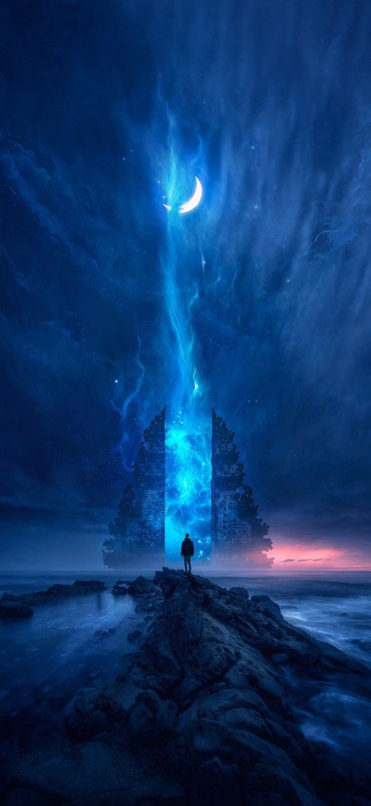 man, rocks, sea, portal, teleport, clouds, sky, moon, night, fiction, art