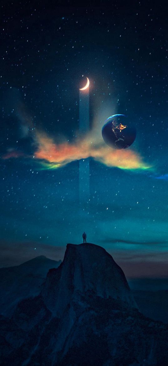 man, mountains, moon, ray, clouds, planet, starry sky, stars, night, fiction, art