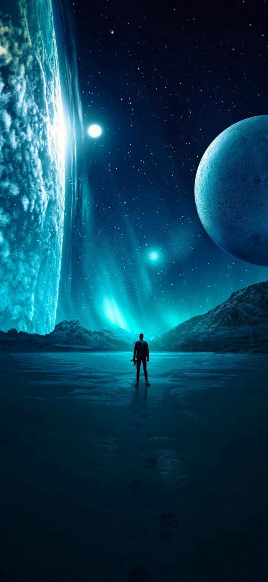 man, mountains, planet, moon, atmosphere, clouds, stars, space, northern lights, night, fiction, art