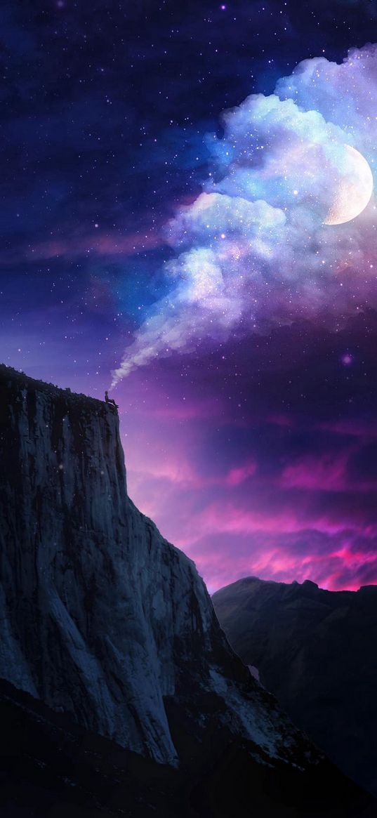 man, mountains, smoke, clouds, sunset, sky, moon, purple, stars, night, fiction, art