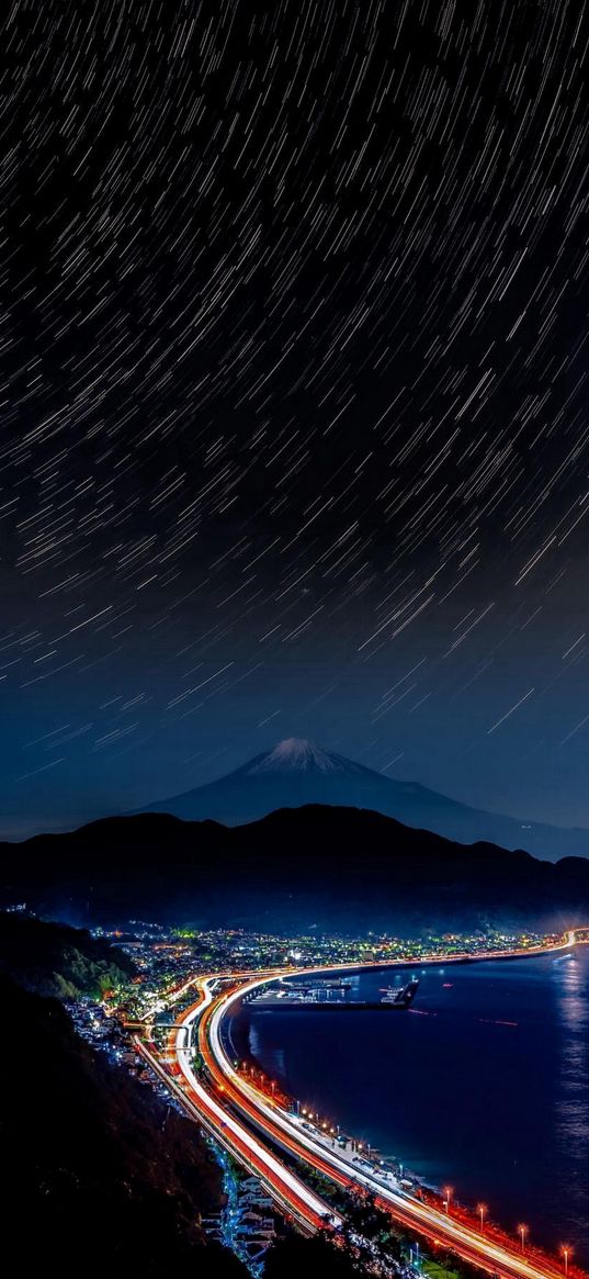 road, timelapse, lights, city, mountain, volcano, sea, starfall, starry sky, stars, night, landscape, nature