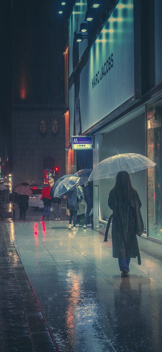 girl, people, umbrella, shop, street, rain, lights, evening, city, tokyo, japan