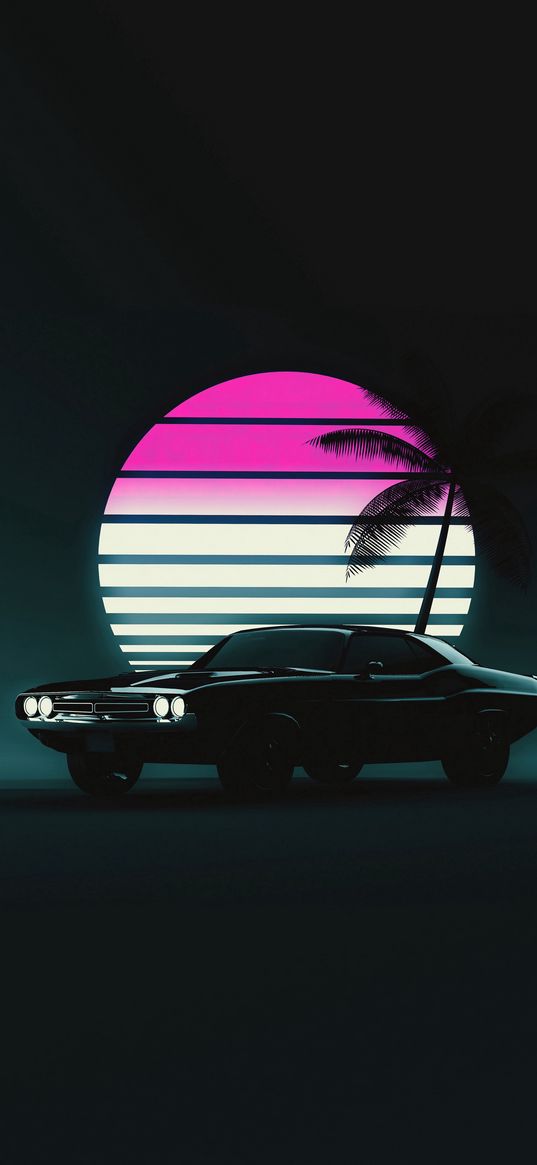 dodge charger, dodge, car, retro, sun, palm tree, sunset, dark background, art