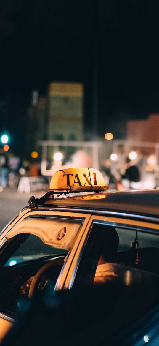 car, taxi, city, night, yellow, inscription, lights