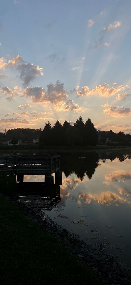 lake, reflection, trees, shadow, sun rays, clouds, landscape