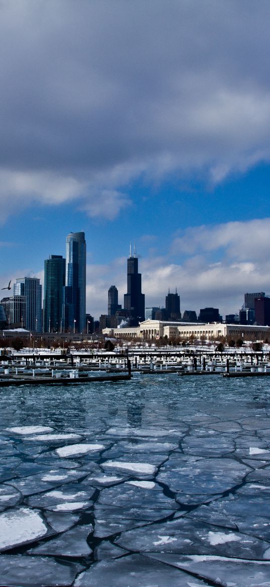 chicago, usa, illinois, america, zdniya, skyscrapers, ice, port, winter, building